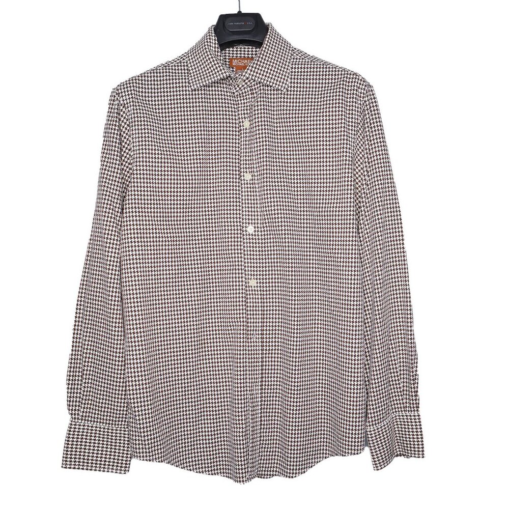 Vintage Michael Kors Men's Brown & White Houndstooth 100% Cotton Dress Shirt - Picture 2 of 7
